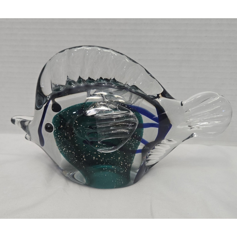 HQT Handmade Home Design Art Glass Fish Figurine Green Blue Murano Style~7.5 x 5